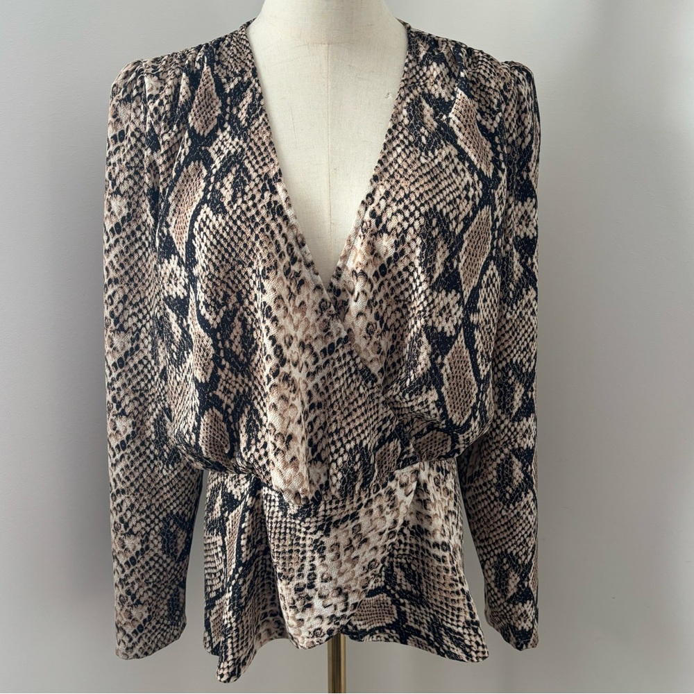 LINI Long Sleeve Animal Print V-Neck Wrap Blouse
